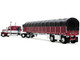 Peterbilt 389 with 63 Flat Top Sleeper and 53 Wilson Roadbrute Flatbed Trailer with Covered Wagon Maroon with White Stripes 1/64 Diecast Model DCP/First Gear 60-2058