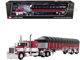 Peterbilt 389 with 63 Flat Top Sleeper and 53 Wilson Roadbrute Flatbed Trailer with Covered Wagon Maroon with White Stripes 1/64 Diecast Model DCP/First Gear 60-2058
