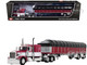 Peterbilt 389 with 63 Flat Top Sleeper and 53 Wilson Roadbrute Flatbed Trailer with Covered Wagon Maroon with White Stripes 1/64 Diecast Model DCP/First Gear 60-2058