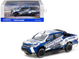 Toyota Hilux Pickup Truck RHD Right Hand Drive Toyo Tires White and Blue with Graphics Hobby64 Series 1/64 Diecast Model Car Tarmac Works T64-041-TOYO