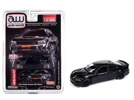 2021 Dodge Charger SRT Hellcat Black with Graphics and Orange Stripes Limited Edition to 4800 pieces Worldwide 1/64 Diecast Model Car Auto World CP8085