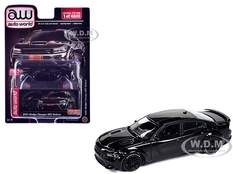 2021 Dodge Charger SRT Hellcat Black with Graphics and Orange Stripes Limited Edition to 4800 pieces Worldwide 1/64 Diecast Model Car Auto World CP8085