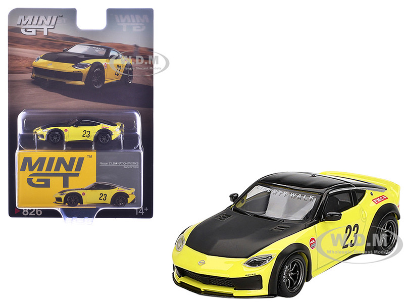 Nissan Z LB Nation Works #23 Ikazuchi Yellow with Black Hood and Top Limited Edition 1/64 Diecast Model Car Mini GT MGT00826