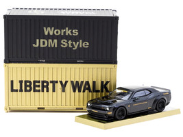 Dodge Challenger SRT Hellcat LB WORKS Liberty Walk Black Metallic with Shipping Container Display Case Global64 Series 1/64 Diecast Model Car Tarmac Works T64G-TL039-BK