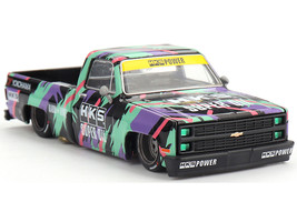 Chevrolet Silverado Pickup Truck KAIDO HKS V1 Black with Graphics Designed by Jun Imai Kaido House Special 1/64 Diecast Model Car Mini GT KHMG174