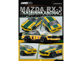 Mazda RX 3 Savanna RHD Right Hand Drive #1 Katayama Racing Livery Green and Yellow Striped 1/64 Diecast Model Car Inno Models IN64-RX3-KTYM