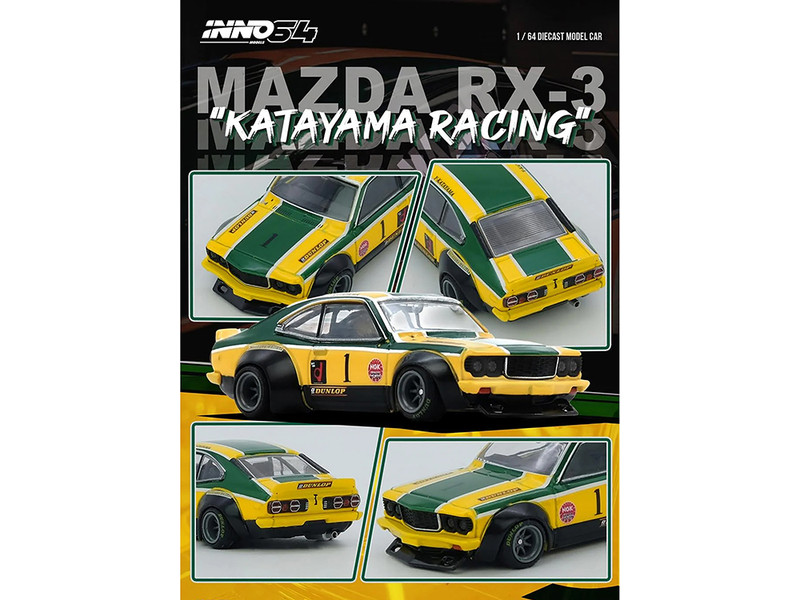 Mazda RX 3 Savanna RHD Right Hand Drive #1 Katayama Racing Livery Green and Yellow Striped 1/64 Diecast Model Car Inno Models IN64-RX3-KTYM