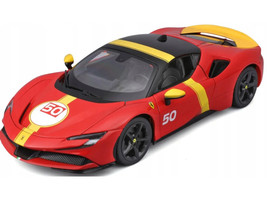Ferrari SF90 Stradale Assetto Fiorano #50 Red with Black Top and Yellow Stripes Race Play Series 1/18 Diecast Model Car Bburago 16021RD