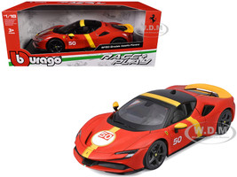 Ferrari SF90 Stradale Assetto Fiorano #50 Red with Black Top and Yellow Stripes Race Play Series 1/18 Diecast Model Car Bburago 16021RD