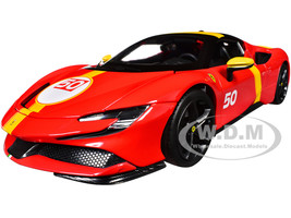 Ferrari SF90 Stradale Assetto Fiorano #50 Red with Black Top and Yellow Stripes Race Play Series 1/18 Diecast Model Car Bburago 16021RD