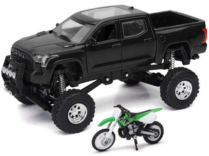 Toyota Tundra Pro Pickup Truck Black and Kawasaki KX 250 Motorcycle Green and White Xtreme Off Road Series 1/32 Diecast Models New Ray SS-54446