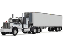 GMC General with 60 Flat Top Sleeper and 40 Vintage Refrigerated Trailer Black with Gray and White Stripes 1/64 Diecast Model DCP/First Gear 60-1923