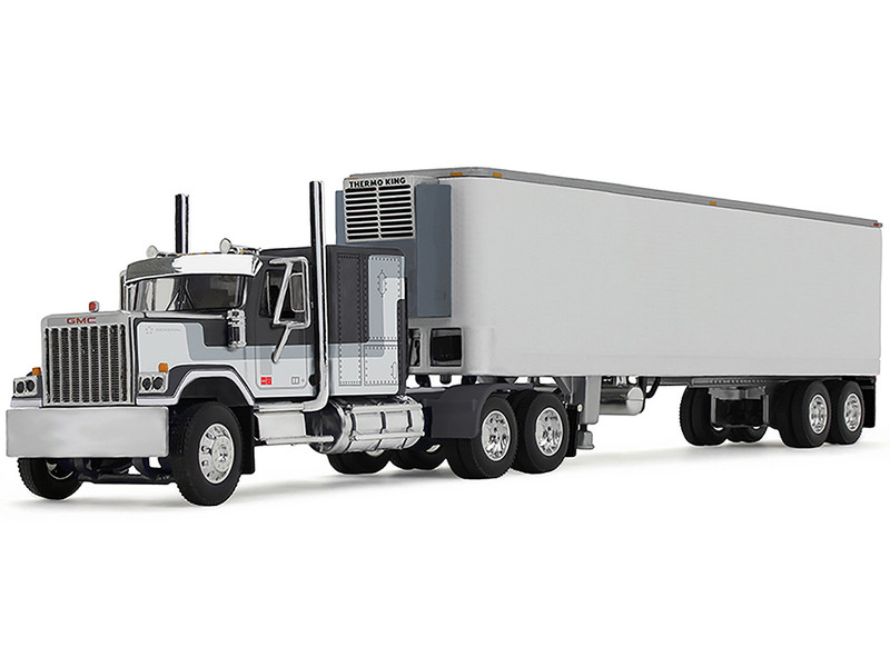 GMC General with 60 Flat Top Sleeper and 40 Vintage Refrigerated Trailer Black with Gray and White Stripes 1/64 Diecast Model DCP/First Gear 60-1923