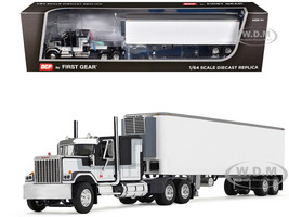 GMC General with 60 Flat Top Sleeper and 40 Vintage Refrigerated Trailer Black with Gray and White Stripes 1/64 Diecast Model DCP/First Gear 60-1923
