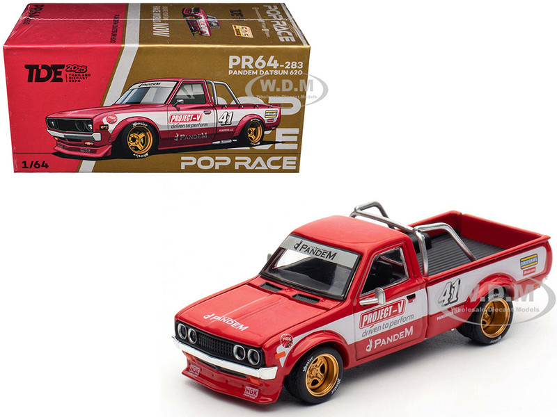 Datsun Pandem 620 Pickup Truck #41 Red Metallic with White Stripes and Graphics "2025 Thailand Diecast Expo 1/64 Diecast Model Car Pop Race PR640283