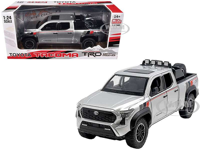2024 Toyota Tacoma TRD Off Road Edition Pickup Truck Silver Metallic with TRD Stripes with Sunroof and Wheel Rack Limited Edition to 2400 pieces Worldwide 1/24 Diecast Model Car H08778-MJS02