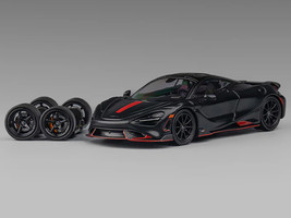 McLaren 765LT Matt Black with Red Accents and Extra Wheels 1/64 Diecast Model Car CM Model CM64-765LT-14