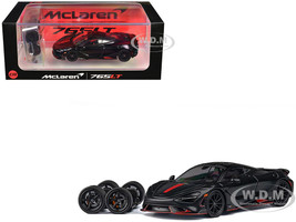 McLaren 765LT Matt Black with Red Accents and Extra Wheels 1/64 Diecast Model Car CM Model CM64-765LT-14
