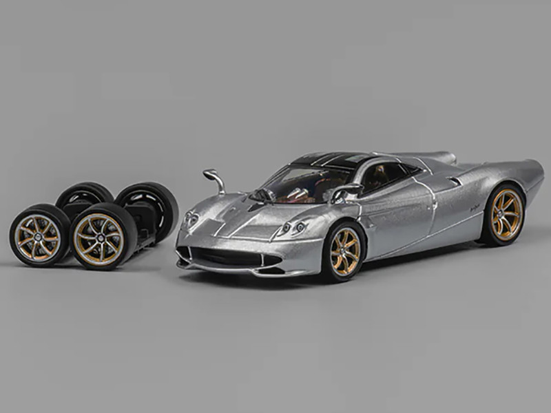 Pagani Huayra Codalunga Silver Metallic with Sunroof and Extra Wheels 1/64 Diecast Model Car CM Model CM64-CODALUNGA-03
