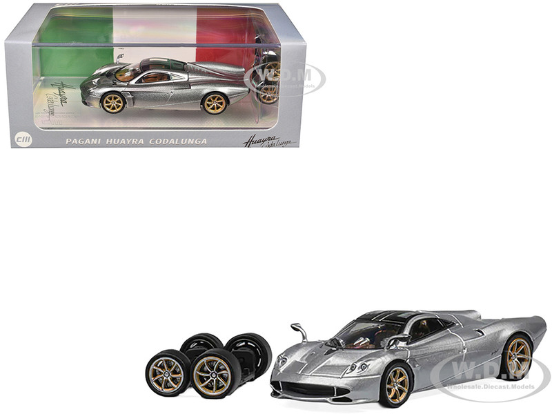 Pagani Huayra Codalunga Silver Metallic with Sunroof and Extra Wheels 1/64 Diecast Model Car CM Model CM64-CODALUNGA-03