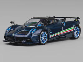 Pagani Huayra Tricolore Blue Carbon Metallic with Black Carbon Top and Italian Flag Stripes 1/64 Diecast Model Car CM Model CM64-HUAYRATRICOLORE-01
