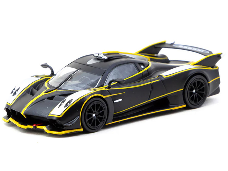 Pagani Huayra R Matt Black with Silver Accents and Yellow Stripes Global64 Series 1/64 Diecast Model Tarmac Works T64G-TL035-MBS