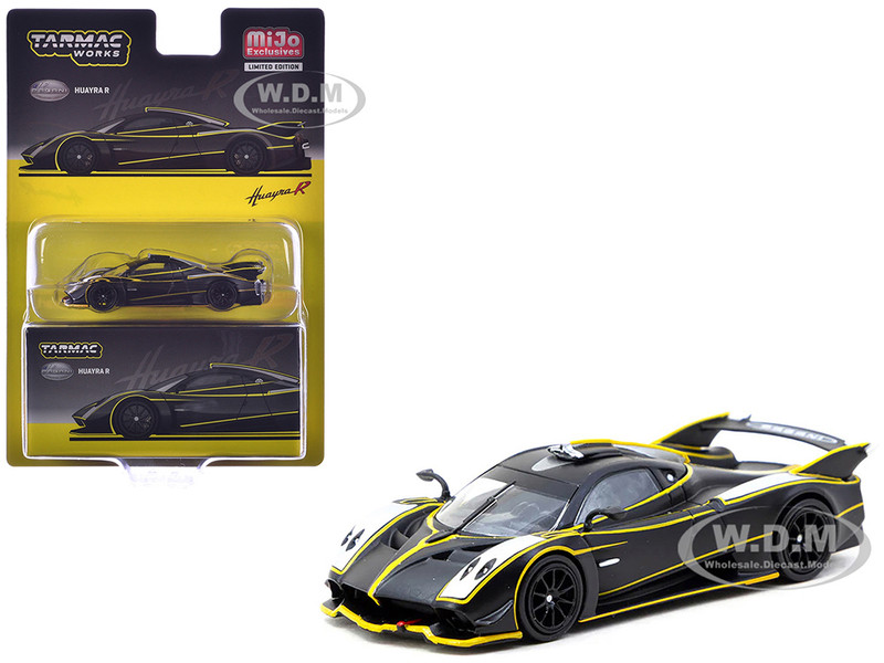 Pagani Huayra R Matt Black with Silver Accents and Yellow Stripes Global64 Series 1/64 Diecast Model Tarmac Works T64G-TL035-MBS
