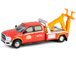 2022 Ram 3500 Dually Wrecker Tow Truck Ignition Towing Co Red and Orange Dually Drivers Series 16 1/64 Diecast Model Car Greenlight 46160E