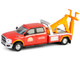 2022 Ram 3500 Dually Wrecker Tow Truck Ignition Towing Co Red and Orange Dually Drivers Series 16 1/64 Diecast Model Car Greenlight 46160E