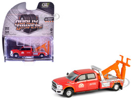 2022 Ram 3500 Dually Wrecker Tow Truck Ignition Towing Co Red and Orange Dually Drivers Series 16 1/64 Diecast Model Car Greenlight 46160E