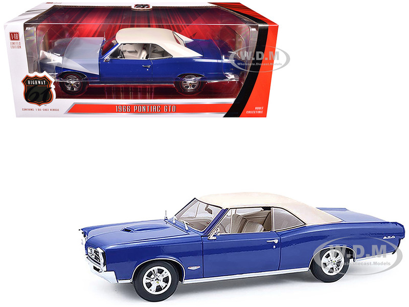 1966 Pontiac GTO Barrier Blue with White Top and Interior 1/18 Diecast Model Car Highway 61 HWY-18047