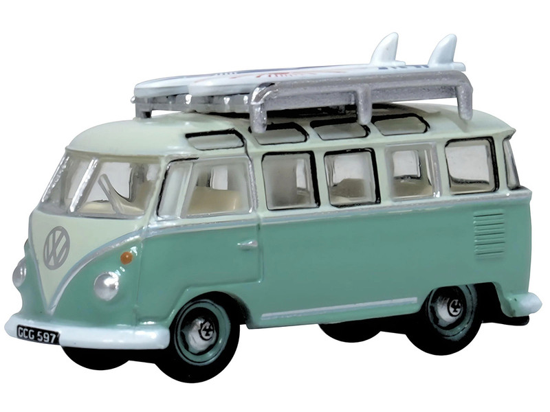 Volkswagen T1 Samba Bus RHD Right Hand Drive Green Two Tone with Surfboards on Roof Rack 1/148 (N) Scale Diecast Model Car Oxford Diecast NVWS005