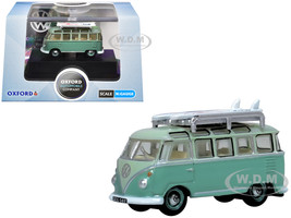 Volkswagen T1 Samba Bus RHD Right Hand Drive Green Two Tone with Surfboards on Roof Rack 1/148 (N) Scale Diecast Model Car Oxford Diecast NVWS005