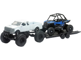 Lifted Pickup Truck White and Polaris RZR XP Turbo Blue with Flatbed Trailer Xtreme Off Road Series Diecast Model New Ray 50066