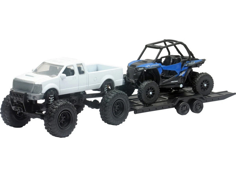 Lifted Pickup Truck White and Polaris RZR XP Turbo Blue with Flatbed Trailer Xtreme Off Road Series Diecast Model New Ray 50066