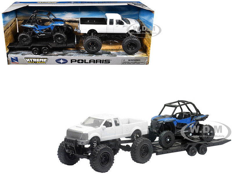 Lifted Pickup Truck White and Polaris RZR XP Turbo Blue with Flatbed Trailer Xtreme Off Road Series Diecast Model New Ray 50066