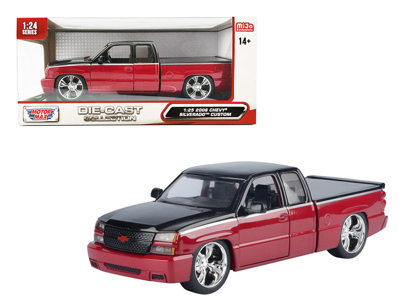 2006 Chevrolet Silverado Custom Pickup Truck Red Metallic and Black with Silver Stripes Die Cast Collection Series 1/25 Diecast Model Car Motormax 79039-RDBK