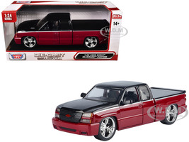 2006 Chevrolet Silverado Custom Pickup Truck Red Metallic and Black with Silver Stripes Die Cast Collection Series 1/25 Diecast Model Car Motormax 79039-RDBK