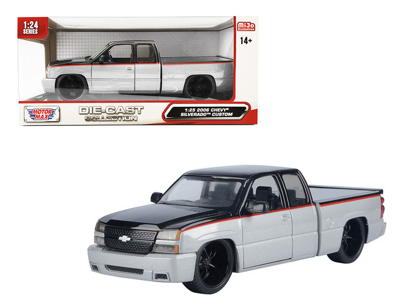 2006 Chevrolet Silverado Custom Pickup Truck Silver Metallic and Black with Red Stripes Die Cast Collection Series 1/25 Diecast Model Car Motormax 79039-SLBK