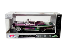 1958 Chevrolet Impala Green and Purple Chrome Custom Wrap Series 1/24 Diecast Model Car Motormax 79082