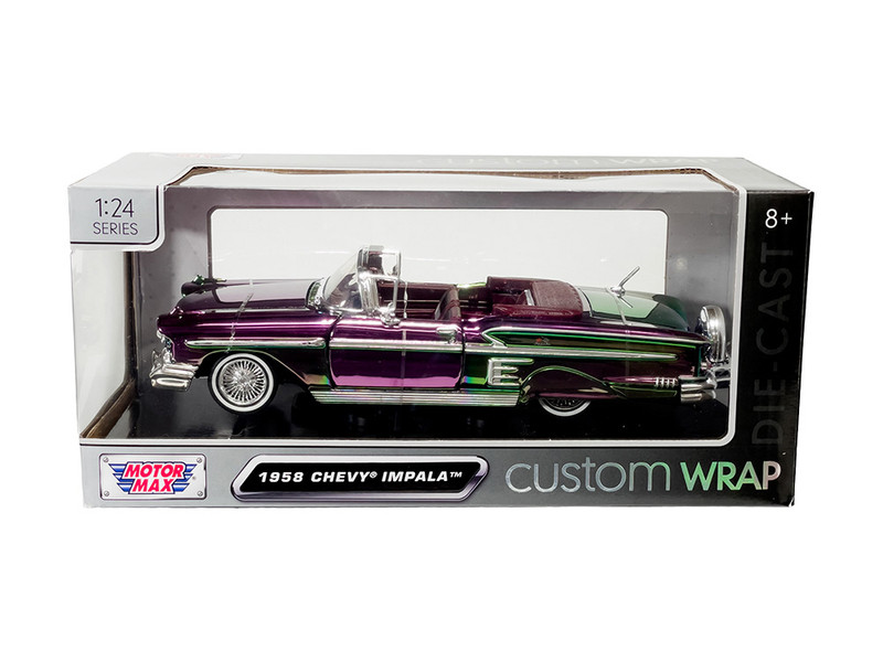 1958 Chevrolet Impala Green and Purple Chrome Custom Wrap Series 1/24 Diecast Model Car Motormax 79082