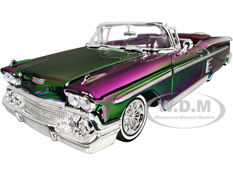 1958 Chevrolet Impala Green and Purple Chrome Custom Wrap Series 1/24 Diecast Model Car Motormax 79082