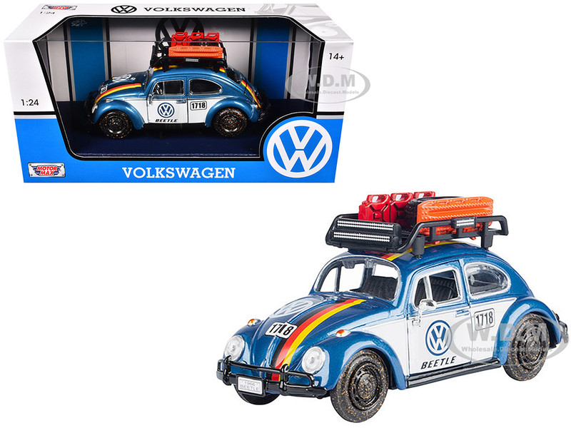 1966 Volkswagen Beetle Off Road #1718 Blue Metallic and White with German Flag Stripes and Roof Rack Accessories 1/24 Diecast Model Car Motormax 79681