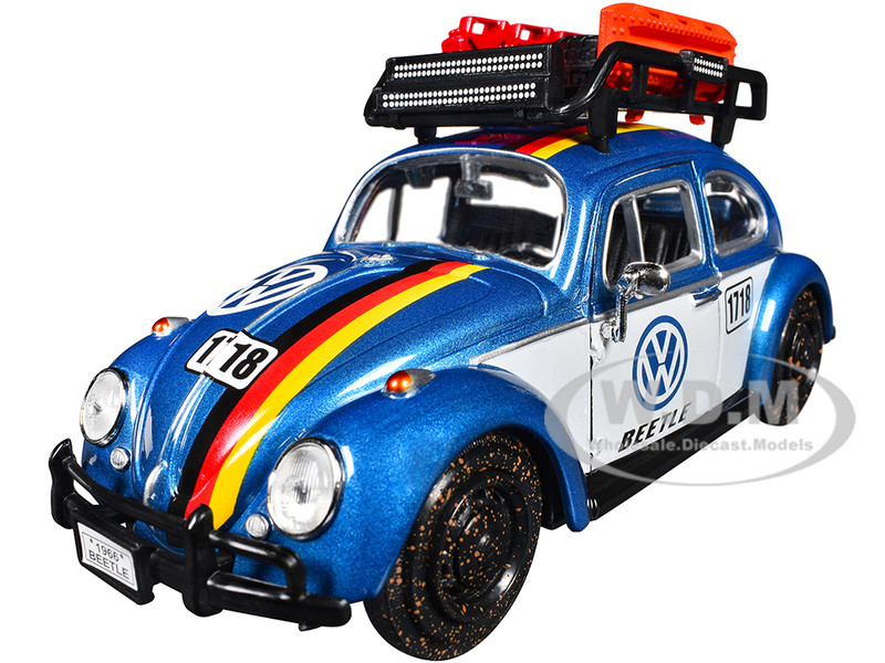 1966 Volkswagen Beetle Off Road #1718 Blue Metallic and White with German Flag Stripes and Roof Rack Accessories 1/24 Diecast Model Car Motormax 79681