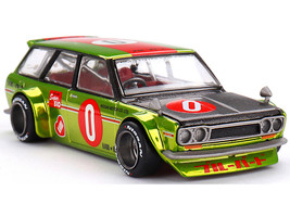 Datsun 510 Wagon RHD Right Hand Drive #0 OG Flow Yellow Green Metallic with Carbon Hood and Red Stripes Designed by Jun Imai Kaido House Special 1/64 Diecast Model Car Mini GT KHMG164