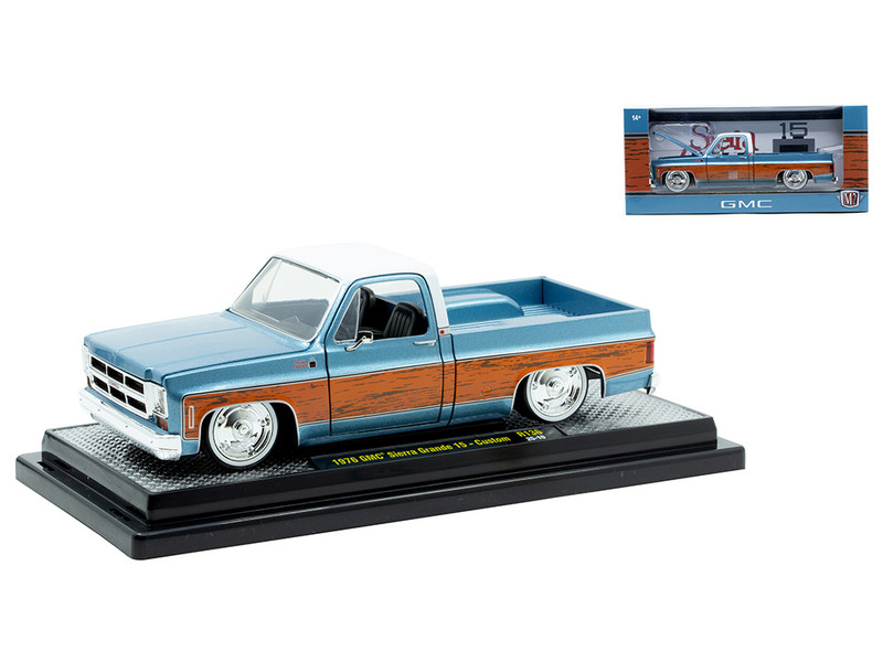 1976 GMC Sierra Grande 15 Pickup Truck Blue Metallic with White Top and Woodgrain Sides Limited Edition to 7050 pieces Worldwide 1/24 Diecast Model Car M2 Machines 40300-136B
