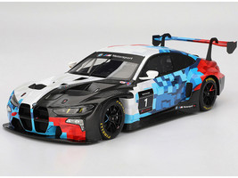 BMW M4 GT3 EVO Presentation #1 White with Carbon Blue and Red Graphics 1/18 Model Car Top Speed TS0614