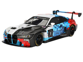 BMW M4 GT3 EVO Presentation #1 White with Carbon Blue and Red Graphics 1/18 Model Car Top Speed TS0614