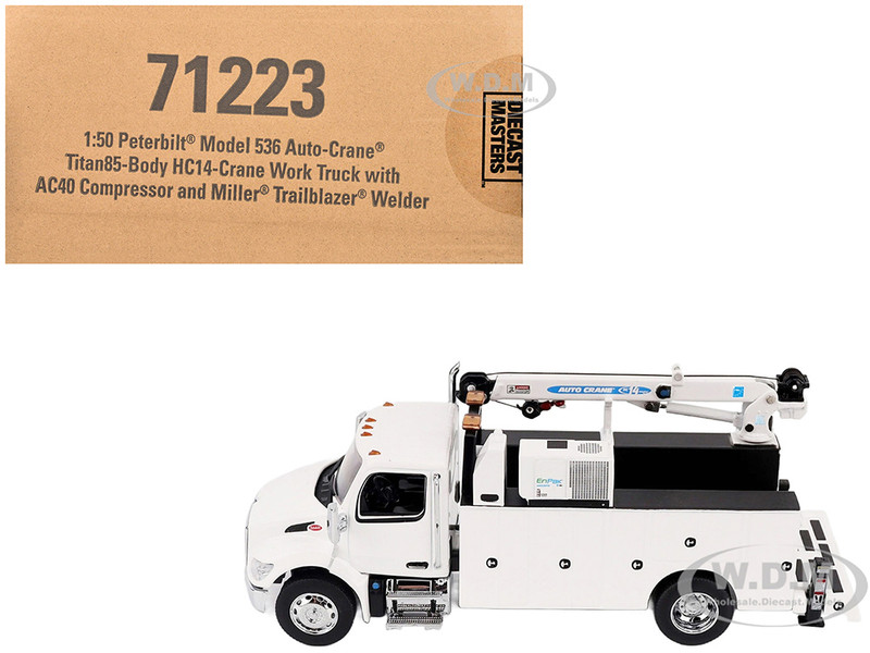 Peterbilt 536 Auto Crane Titan 85 Body HC14 Crane Work Truck with Miller EnPak White Transport Series 1/50 Diecast Model Diecast Masters 71223