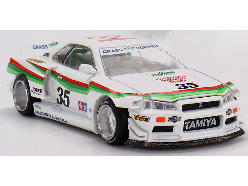 Nissan Skyline GT R R34 The Grasshopper V1 RHD Right Hand Drive #35 White with Stripes Designed by Jun Imai Tamiya X Kaido House Special 1/64 Diecast Model Car Mini GT KHMG167